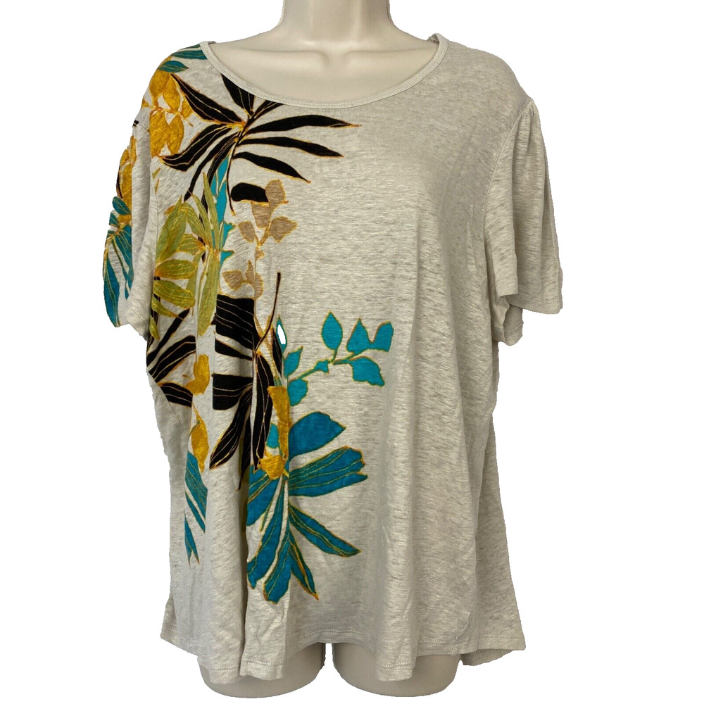 Chicos Top Size 4 100% Linen Floral Tropical Coastal Scoop Neck Beige Tan XXL 2X